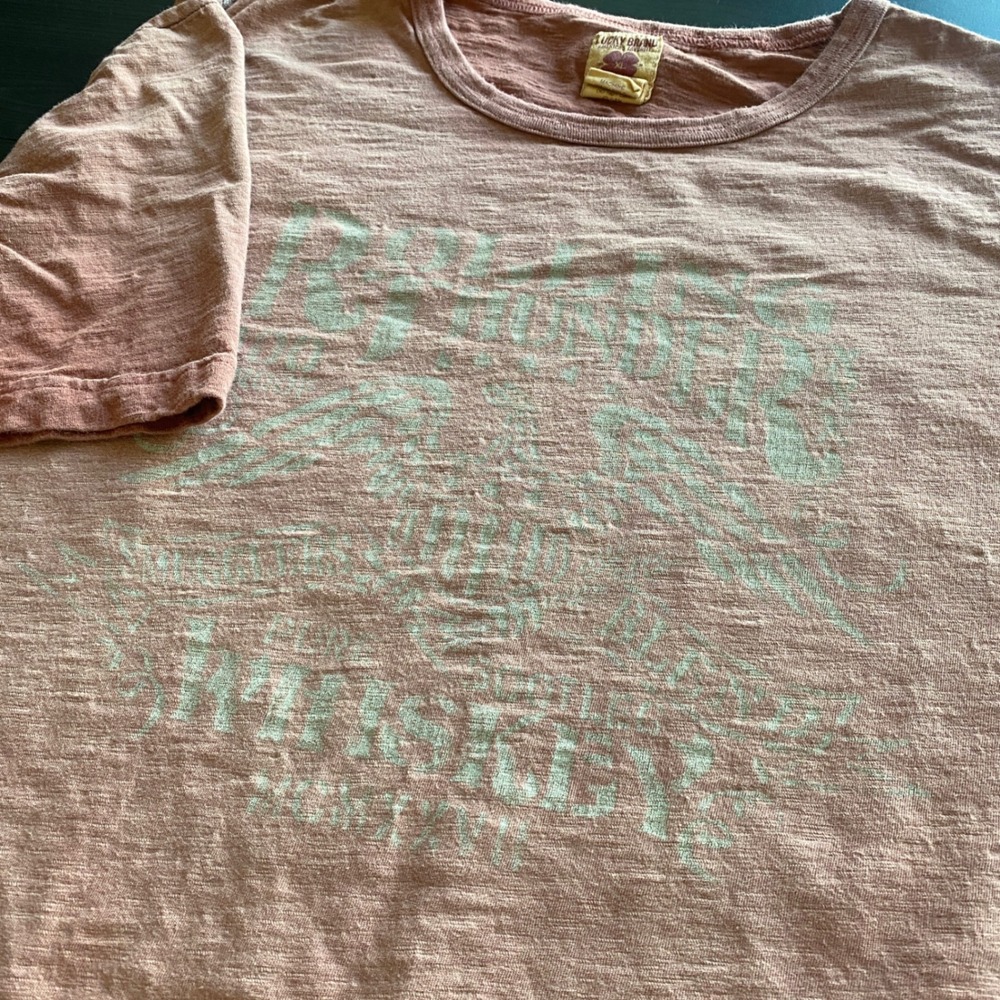 Lucky Brand Shirt XL Rolling Thunder Whiskey Graphic Salmon Pink Slub Faded